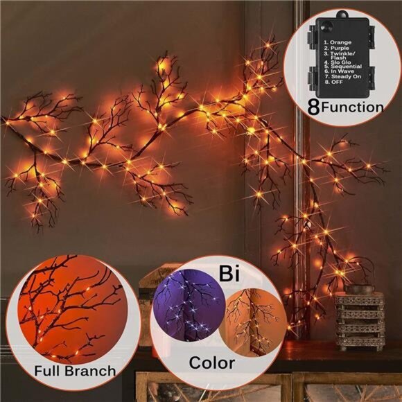 6FT Halloween Garland w/ 120 Orange & Purple Lights-8 Functions,Battery Operated - Picture 3 of 7